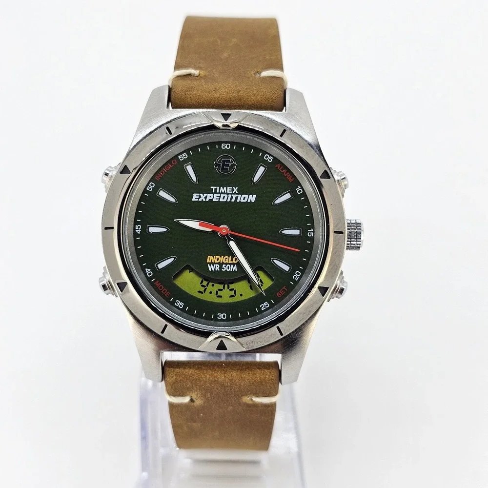 Timex Expedition Ana Dig Men Watch 38MM Green Dial NEW Leather Bands New Battery